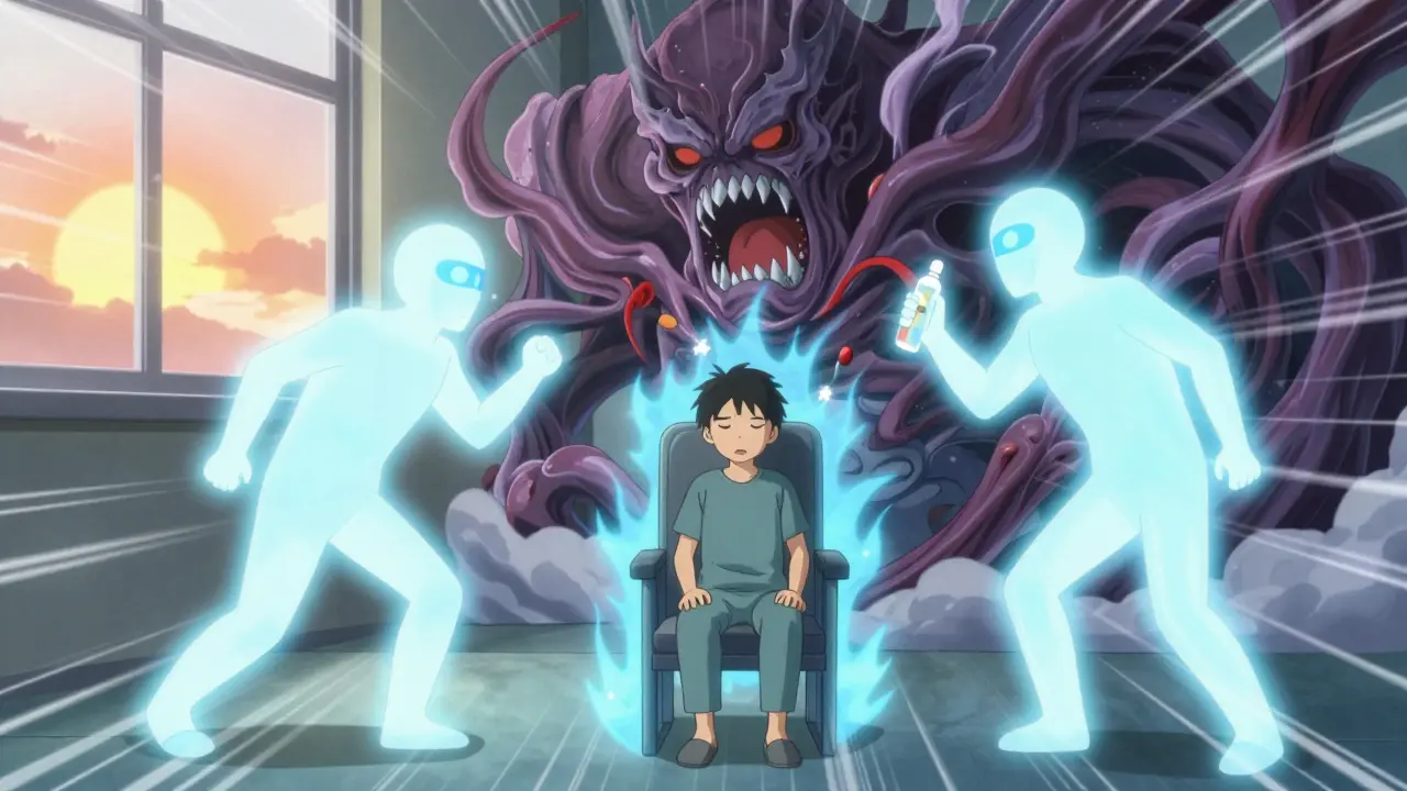 Three antiemetic drugs fighting nausea as a monstrous wave in anime style