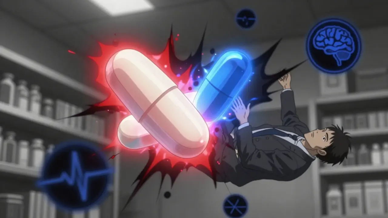 Tizanidine and ciprofloxacin pills colliding with a shockwave of energy as a man faints, symbolizing a deadly drug interaction.