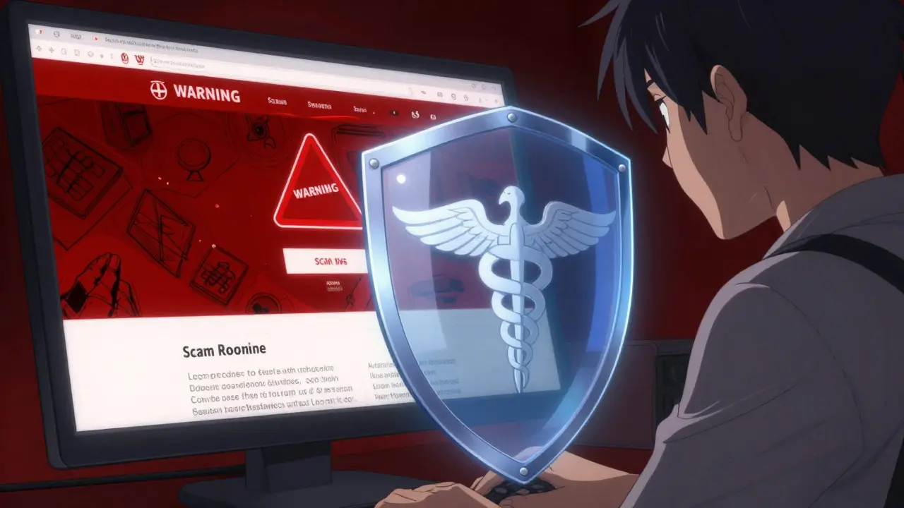 A protective shield blocking a suspicious medical website to represent pharmacy safety