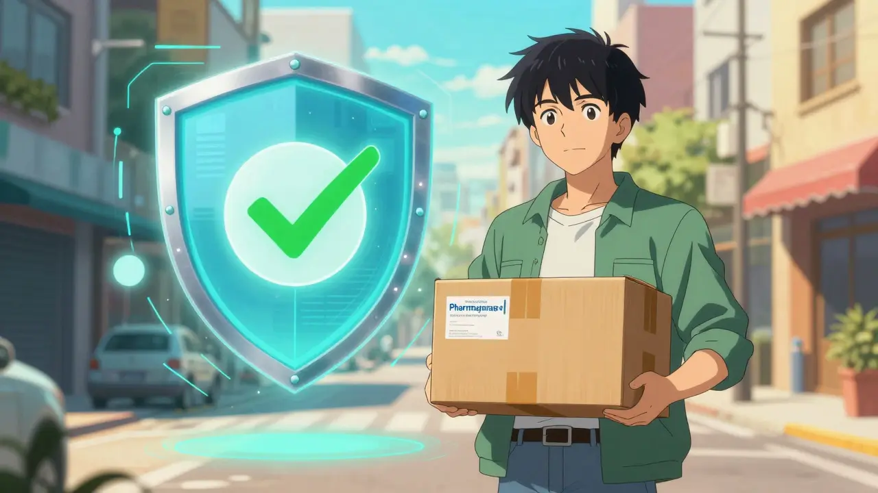 Anime character safely receiving a prescription medication package by mail.