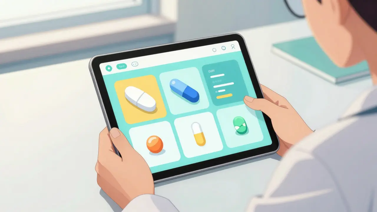 Anime character using a tablet to choose between different medication formulations.