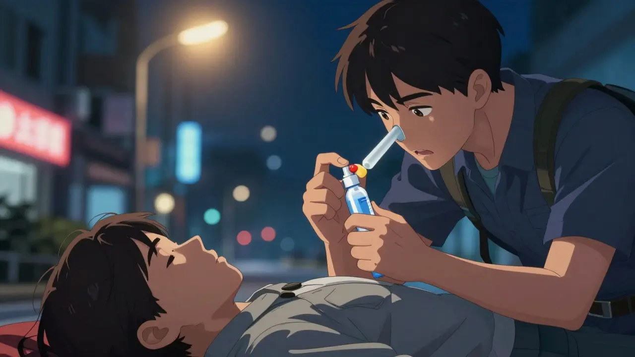 Anime scene of a person receiving life-saving Naloxone while in the recovery position