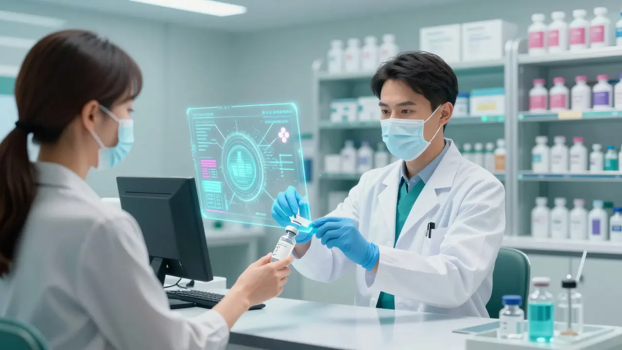 Anime style depiction of a pharmacist administering a vaccine with holographic health data symbols.