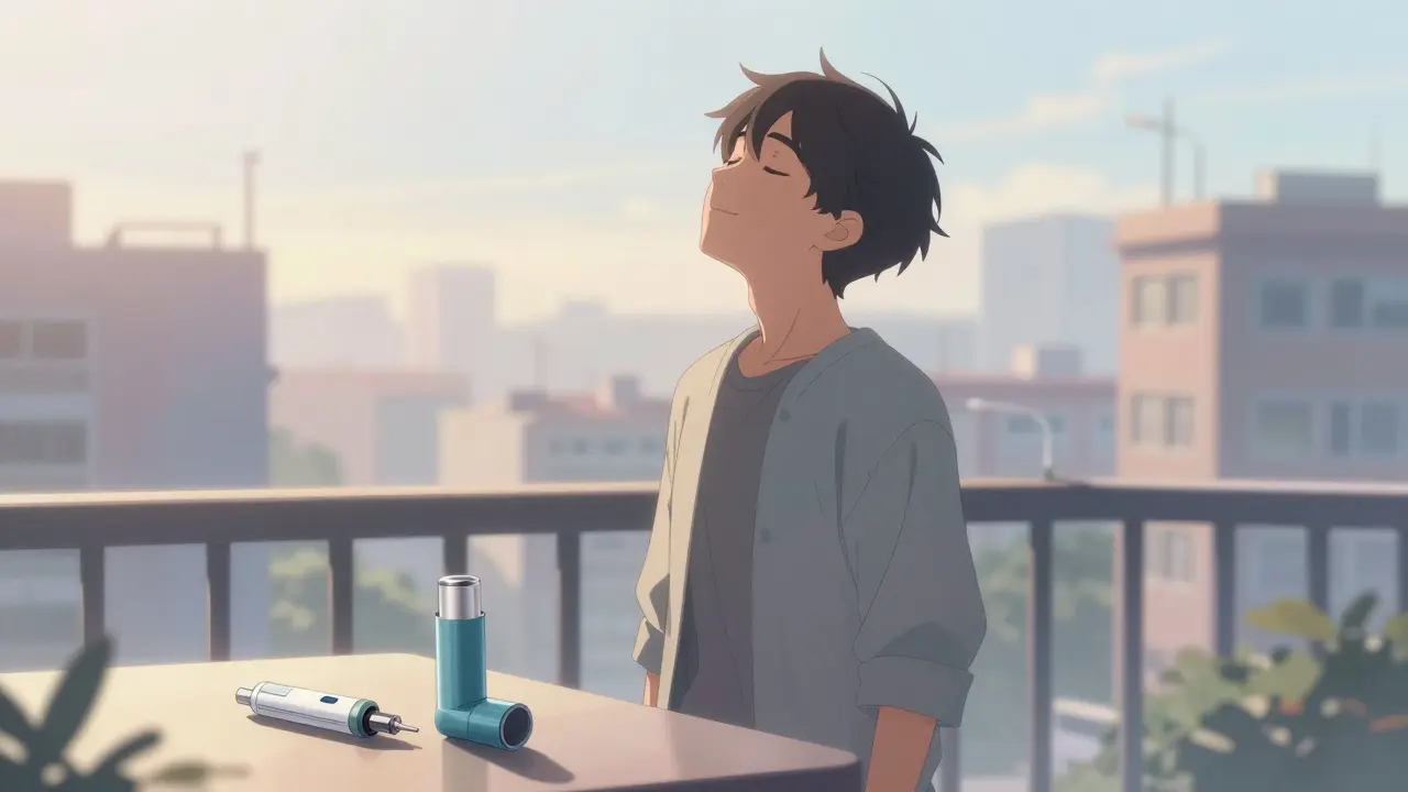 Anime style scene of a person breathing deeply at sunrise with a biologic injector nearby