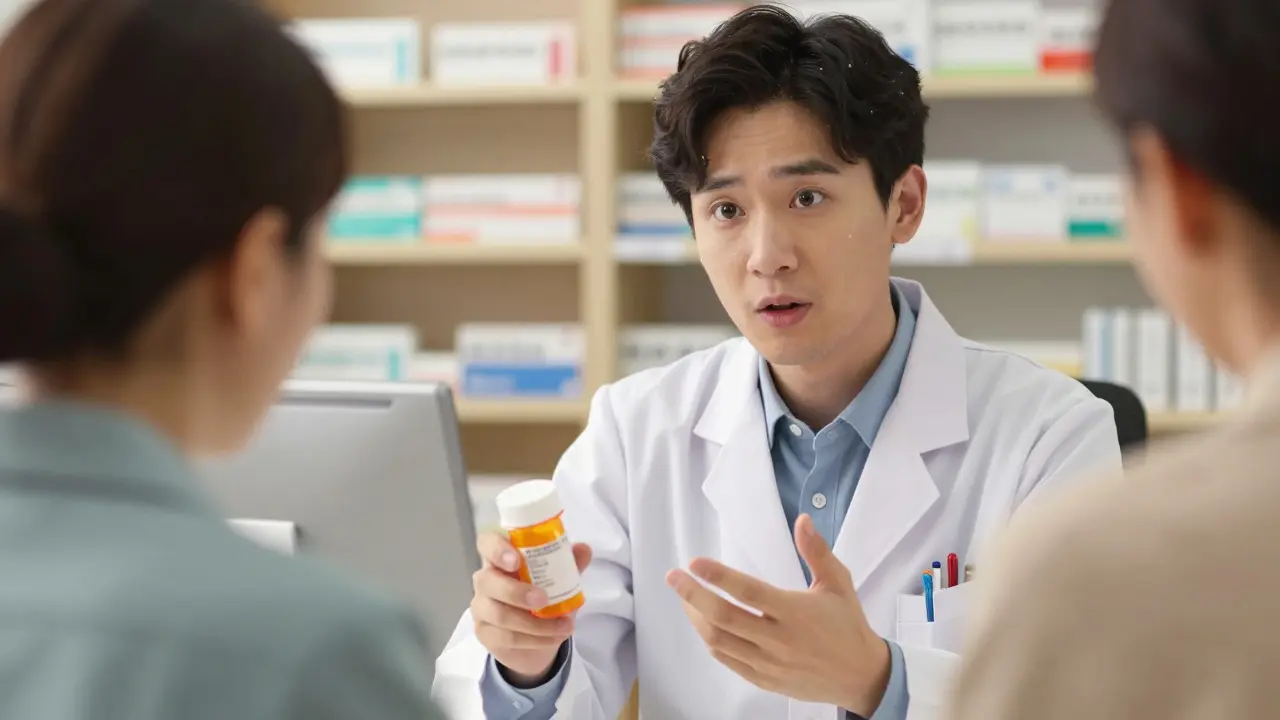 Anime style scene of a pharmacist explaining the benefits of generic medication to a patient.