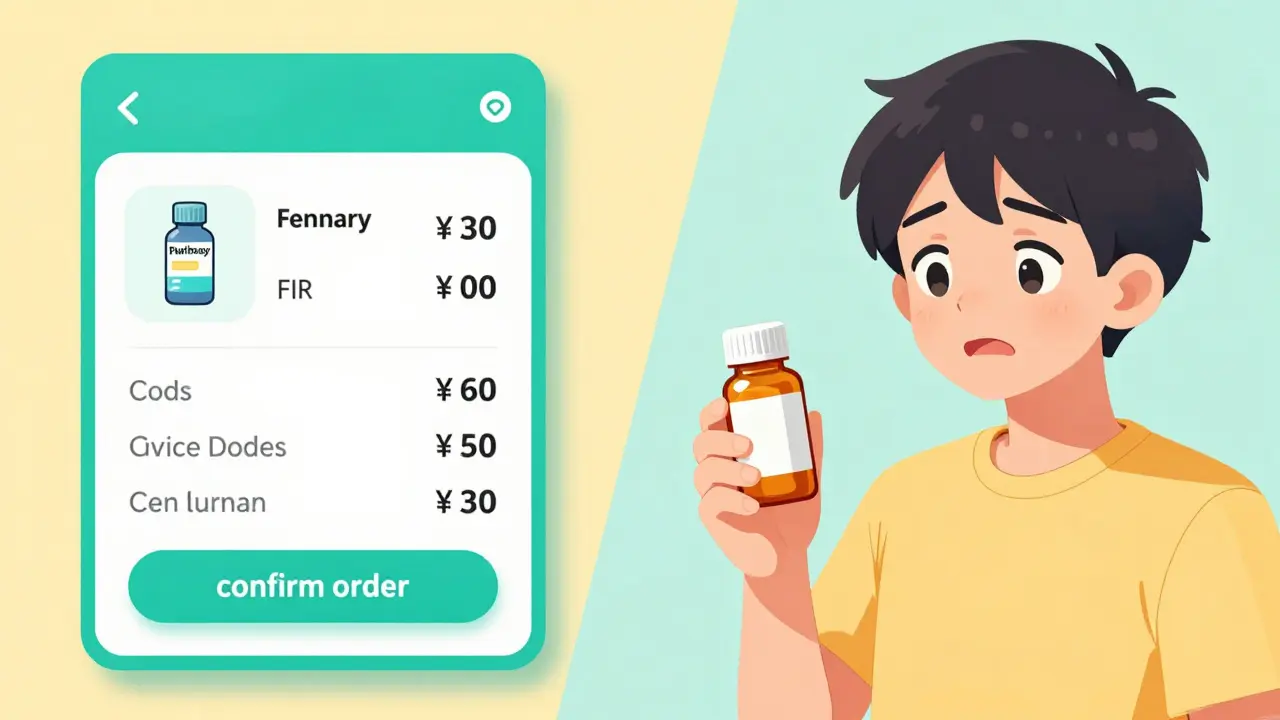 Anime style split screen showing a discount pharmacy app and a relieved person with medication.