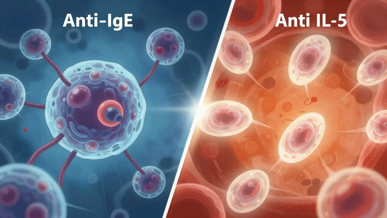 Anime style split-screen showing Anti-IgE and Anti-IL-5 biological pathways in the immune system