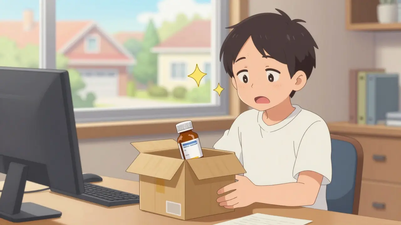 Happy anime character receiving a budget-friendly medication delivery at home.