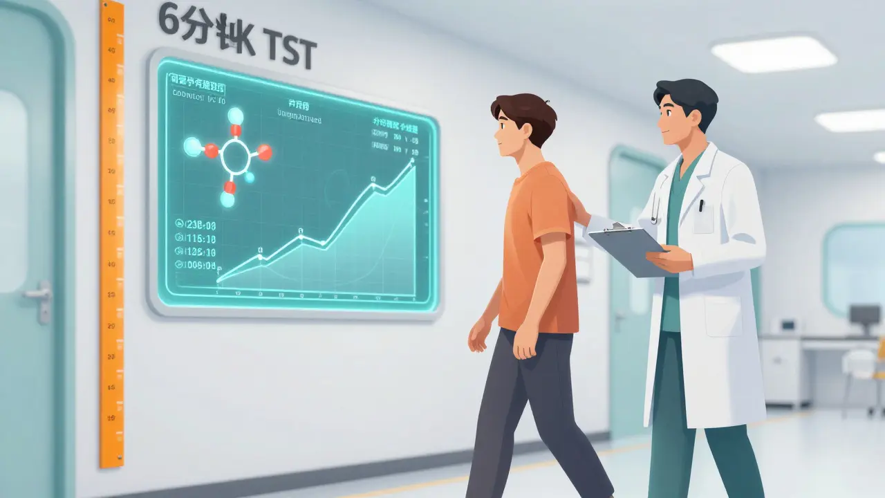 Patient performing a 6-minute walk test in a modern clinic with holographic medical displays.
