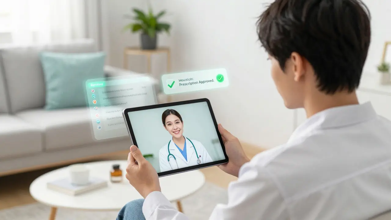 Person having a professional virtual doctor consultation on a tablet in a bright living room