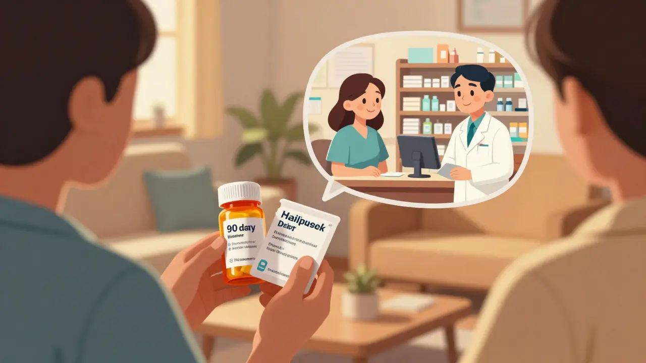 Person with mail-order medicine and a memory of consulting a local pharmacist.