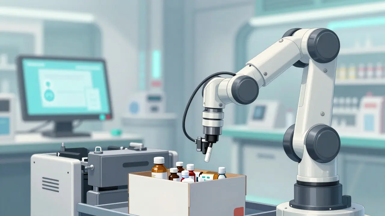 Robotic arm sorting medication bottles in a high-tech pharmacy distribution center.