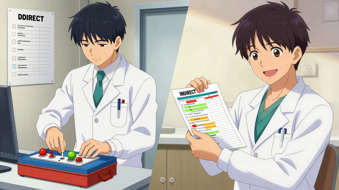 Split-screen anime art showing a practical medical demonstration versus a self-report survey.