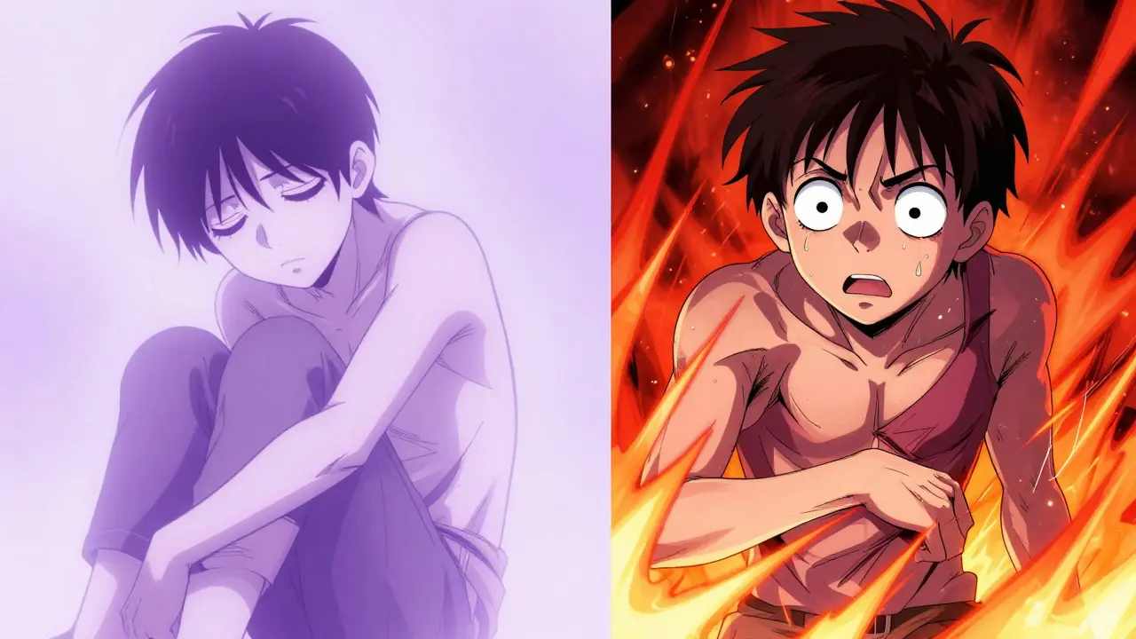 Split-screen anime illustration showing contrasting symptoms of stimulant and depressant overdoses