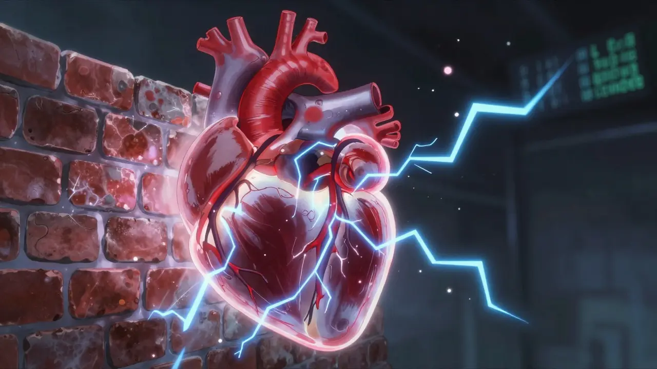 Stylized anime depiction of a strained right heart pushing against a symbolic wall of pressure.