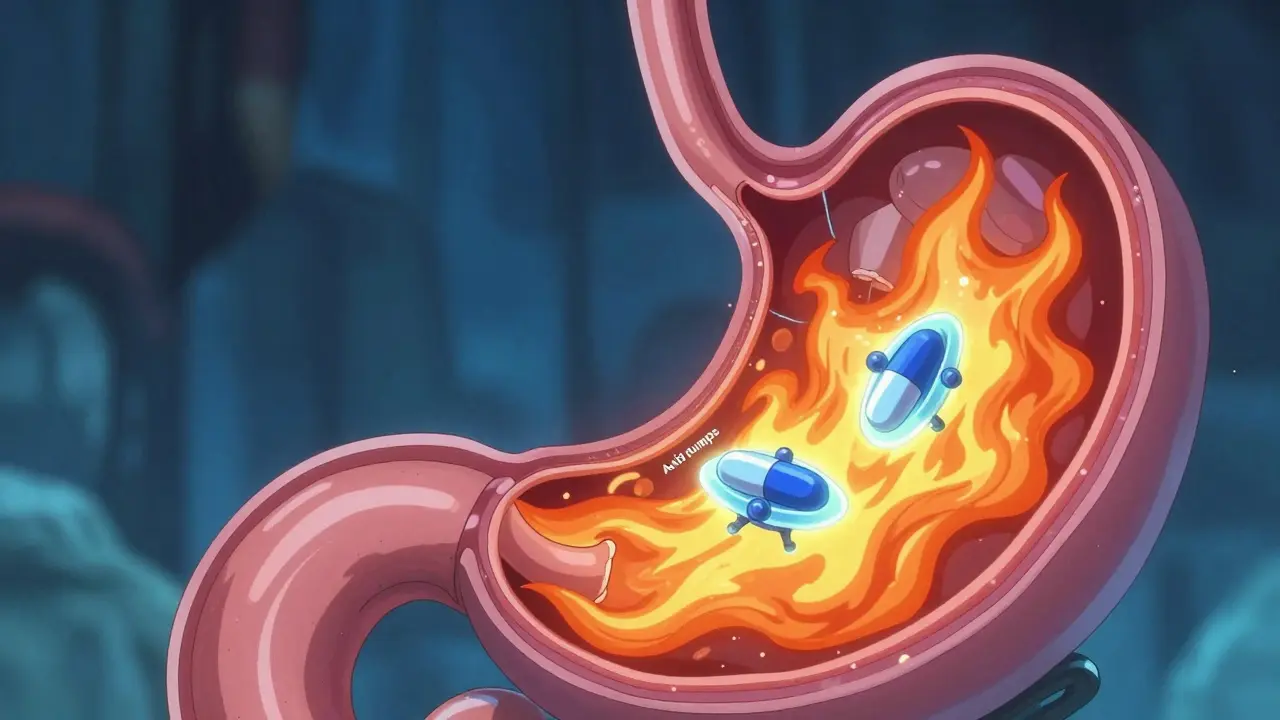 Stylized anime depiction of omeprazole capsules blocking stomach acid pumps.
